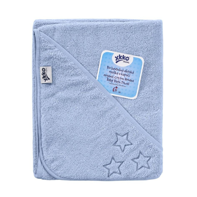 BIO bavlněná froté osuška s kapucí XKKO Organic 90x90 - Baby Blue Stars