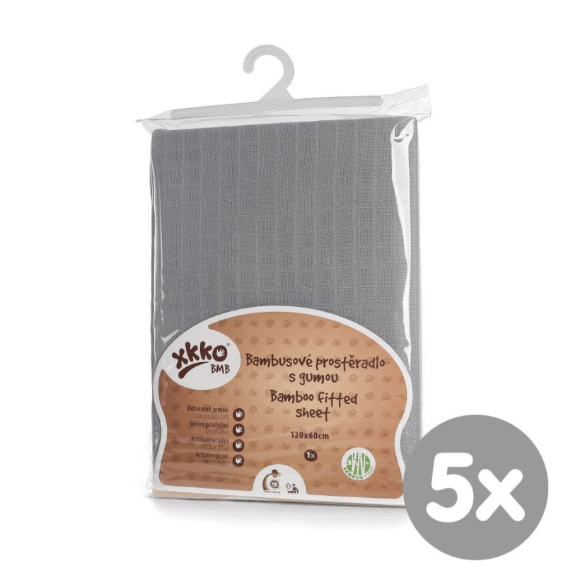 Bambusové prostěradlo s gumou XKKO BMB 120x60 - Baby Grey 5x1ks (VO bal.)