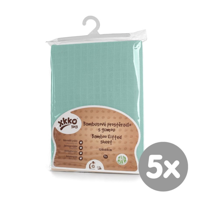 Bambusové prostěradlo s gumou XKKO BMB 120x60 - Mint 5x1ks (VO bal.)