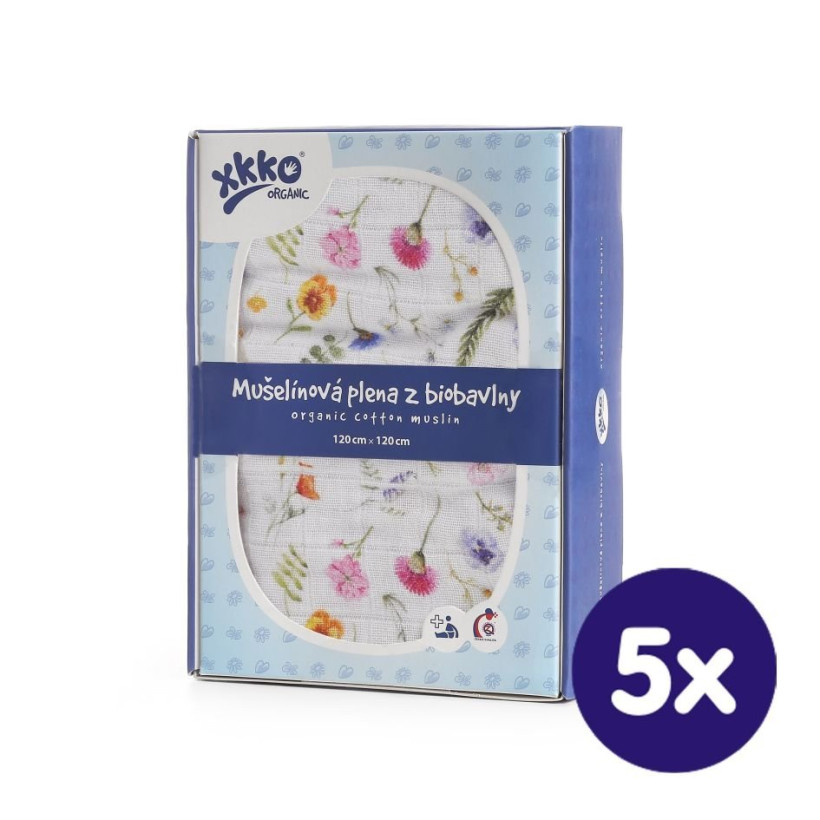 Biobavlněná plena XKKO Organic 120x120 - Summer Meadow 5x1ks (VO bal.)