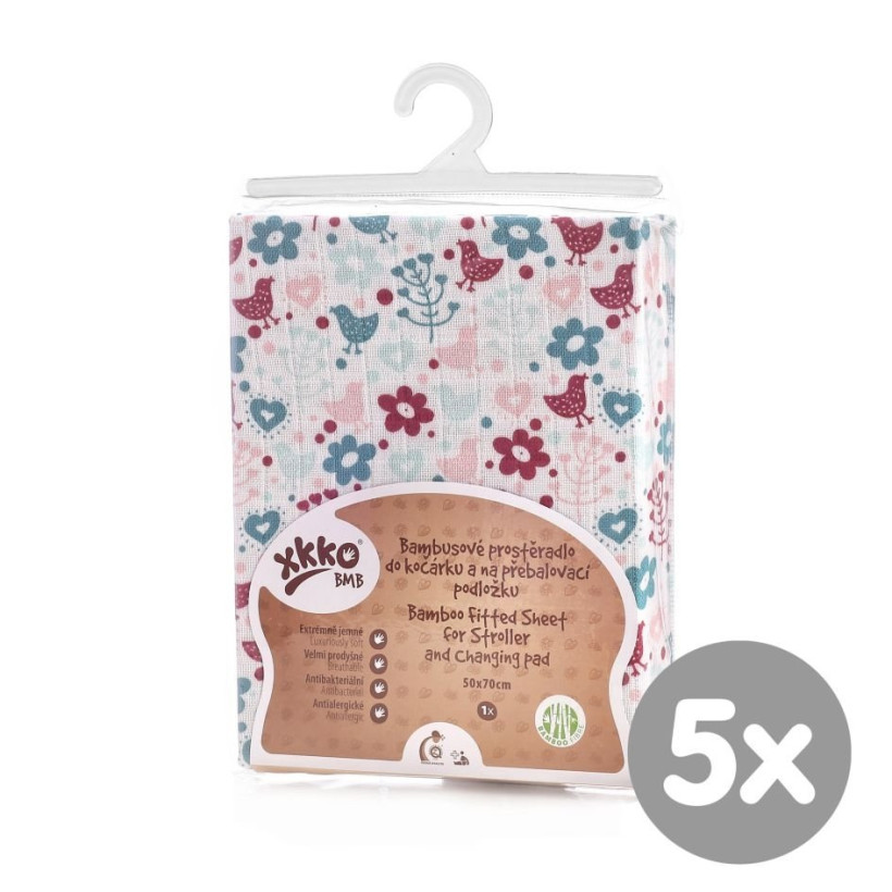 Bambusové prostěradlo s gumou XKKO BMB 50x70 - Flowers&Birds For Girls 5x1ks (VO bal.)