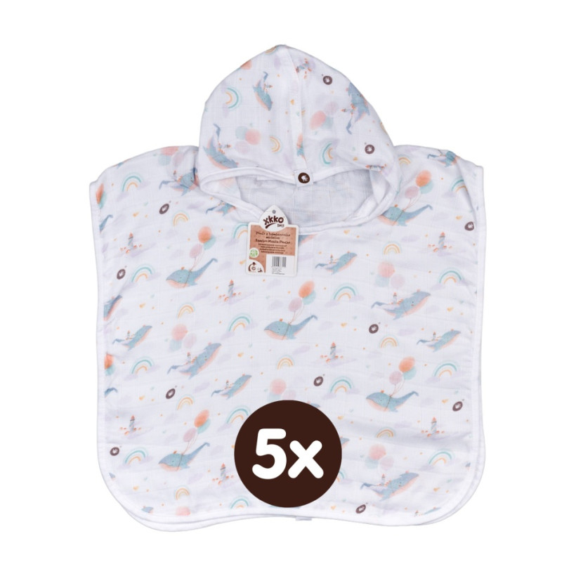 Bambusové mušelínové pončo XKKO BMB Digi - Sky Whale Vel.2 5x1ks (VO bal.)