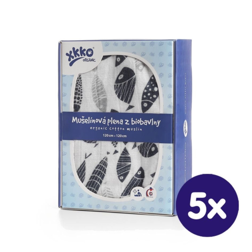 Biobavlněná plena XKKO Organic 120x120 - Silver Fish 5x1ks (VO bal.)