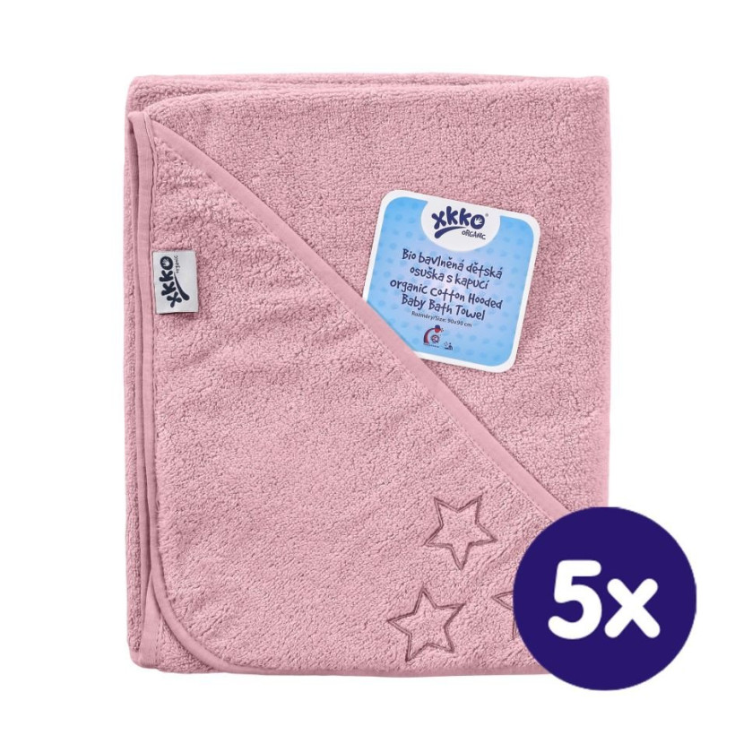 BIO bavlněná froté osuška s kapucí XKKO Organic 90x90 - Baby Pink Stars 5x1ks (VO bal.)