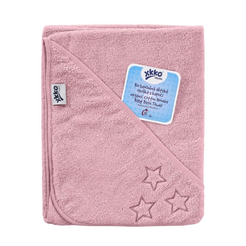 BIO bavlněná froté osuška s kapucí XKKO Organic 90x90 - Baby Pink Stars