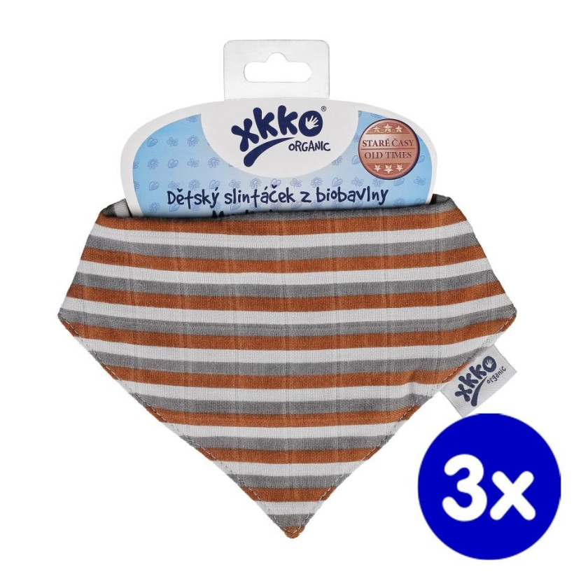 Dětský slintáček XKKO Organic Staré časy - Brown Stripes 3x1ks VO bal.