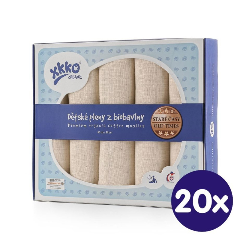 Dětské pleny z biobavlny XKKO Organic 80x80 - Staré časy Natural 20x5ks VO bal.