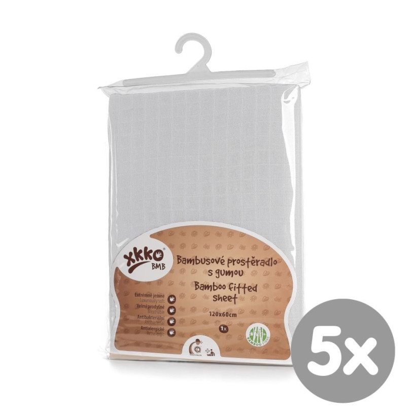 Bambusové prostěradlo s gumou XKKO BMB 120x60 - Bílé 5x1ks (VO bal.)