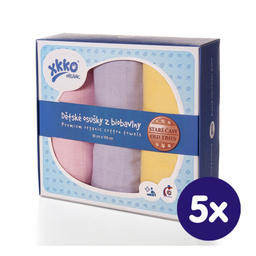 Osušky z biobavlny XKKO Organic 90x100 - Staré časy Pastels For Girls 5x3ks VO bal.