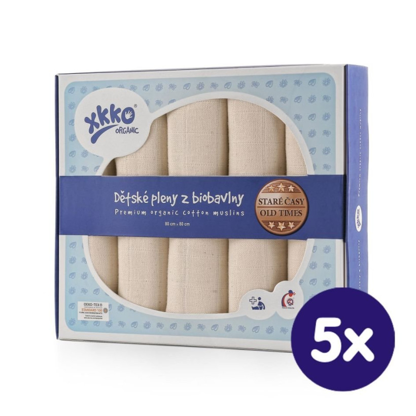 Dětské pleny z biobavlny XKKO Organic 80x80 - Staré časy Natural 5x5ks VO bal.