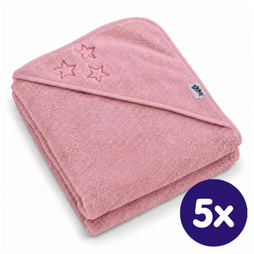 BIO bavlněná froté osuška s kapucí XKKO Organic 90x90 - Baby Pink Stars 5x1ks (VO bal.)