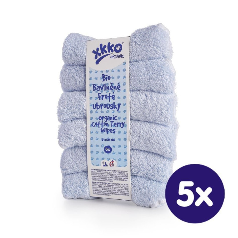 BIO bavlněné froté ubrousky XKKO Organic 21x21- Baby Blue 5x6ks (VO bal.)