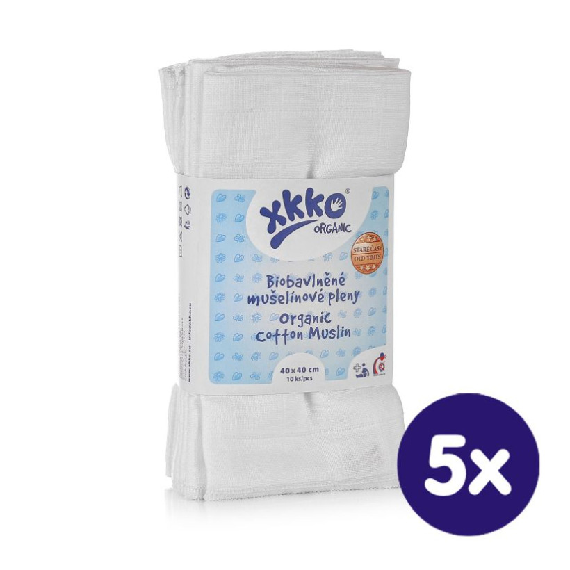 Dětské pleny z biobavlny XKKO Organic 40x40 Staré časy - Bílé 5x10ks VO bal.
