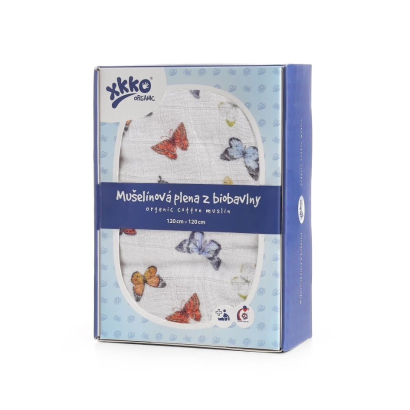 Biobavlněná plena XKKO Organic 120x120 - Butterflies 5x1ks (VO bal.)