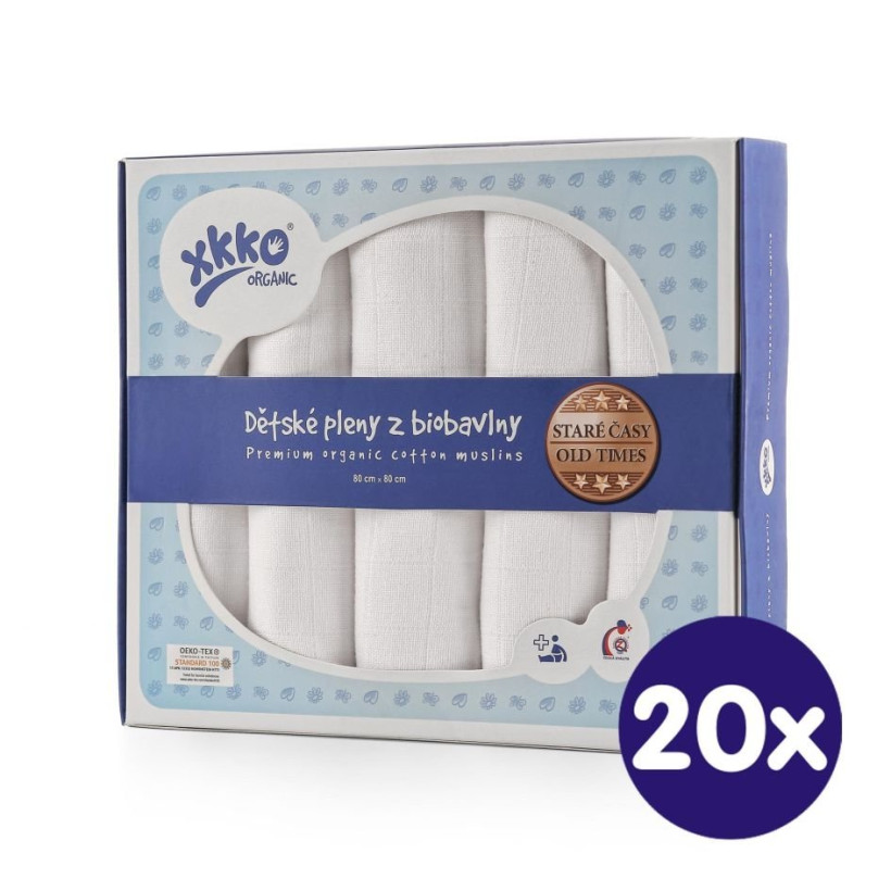 Dětské pleny z biobavlny XKKO Organic 80x80 - Staré časy Bílé 20x5ks VO bal.