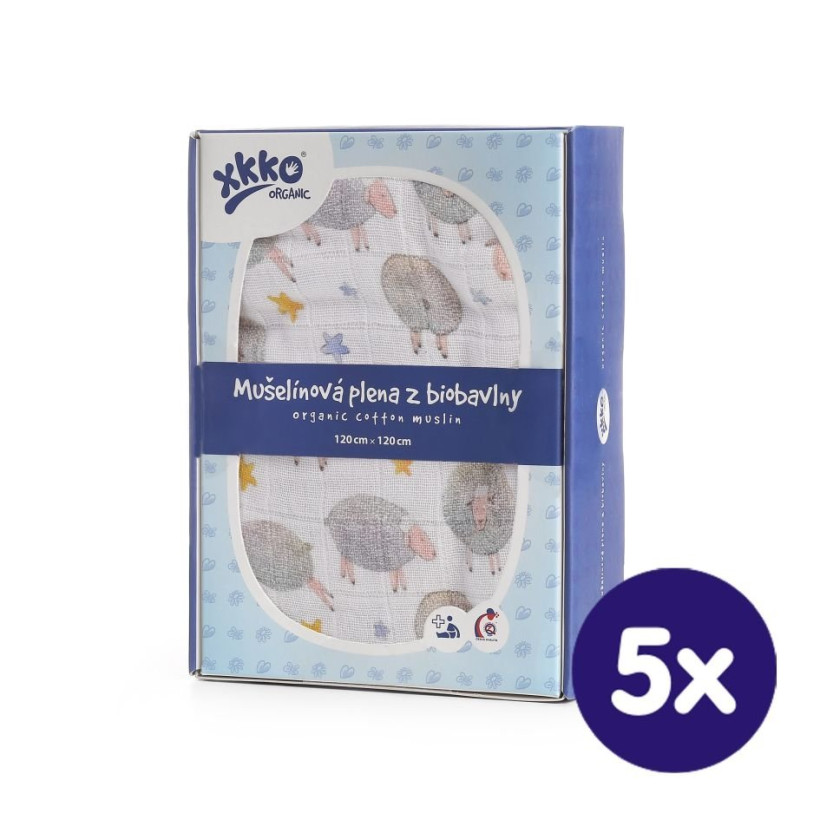 Biobavlněná plena XKKO Organic 120x120 - Dreamy Sheeps 5x1ks (VO bal.)