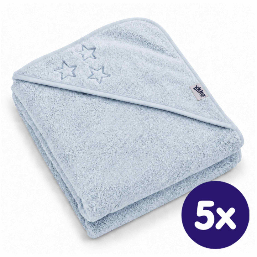 BIO bavlněná froté osuška s kapucí XKKO Organic 90x90 - Baby Blue Stars 5x1ks (VO bal.)