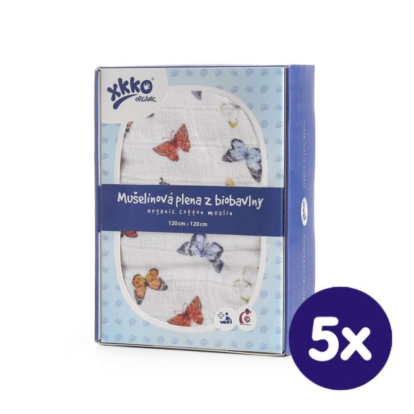Biobavlněná plena XKKO Organic 120x120 - Butterflies 5x1ks (VO bal.)