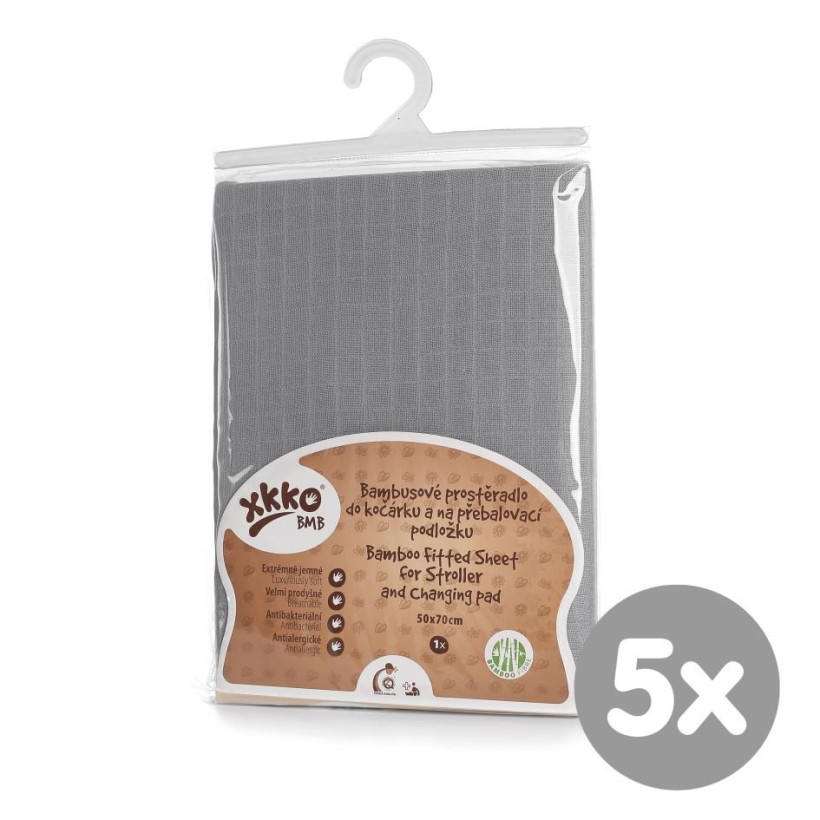 Bambusové prostěradlo s gumou XKKO BMB 50x70 - Baby Grey 5x1ks (VO bal.)