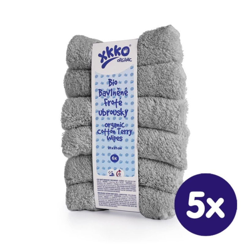 BIO bavlněné froté ubrousky XKKO Organic 21x21- Silver 5x6ks (VO bal.)
