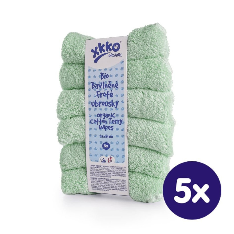 BIO bavlněné froté ubrousky XKKO Organic 21x21- Mint 5x6ks (VO bal.)