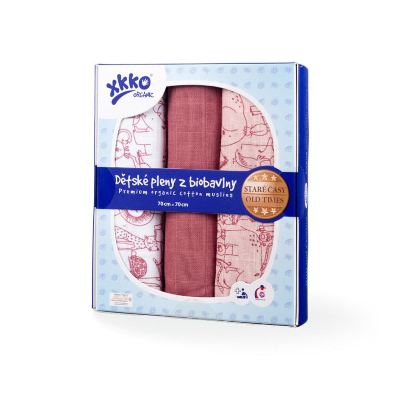 Dětské pleny z biobavlny XKKO Organic 70x70 Staré časy - Safari Mesa Rose MIX