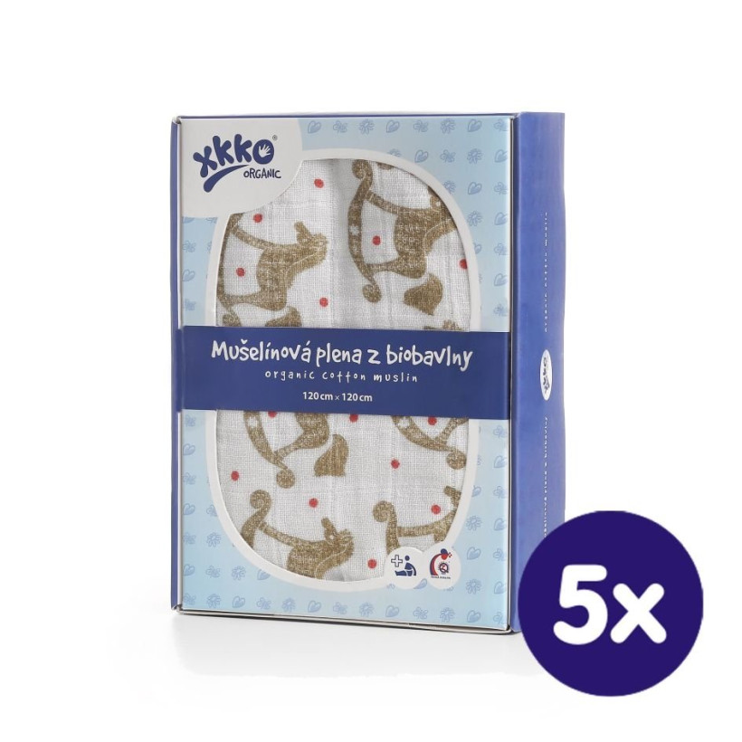Biobavlněná plena XKKO Organic 120x120 - Rocking Horses Gold 5x1ks (VO bal.)