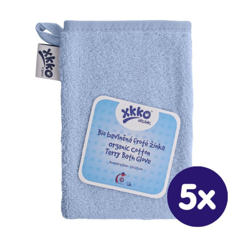 BIO bavlněná froté žínka XKKO Organic - Baby Blue 5x1ks (VO bal.)