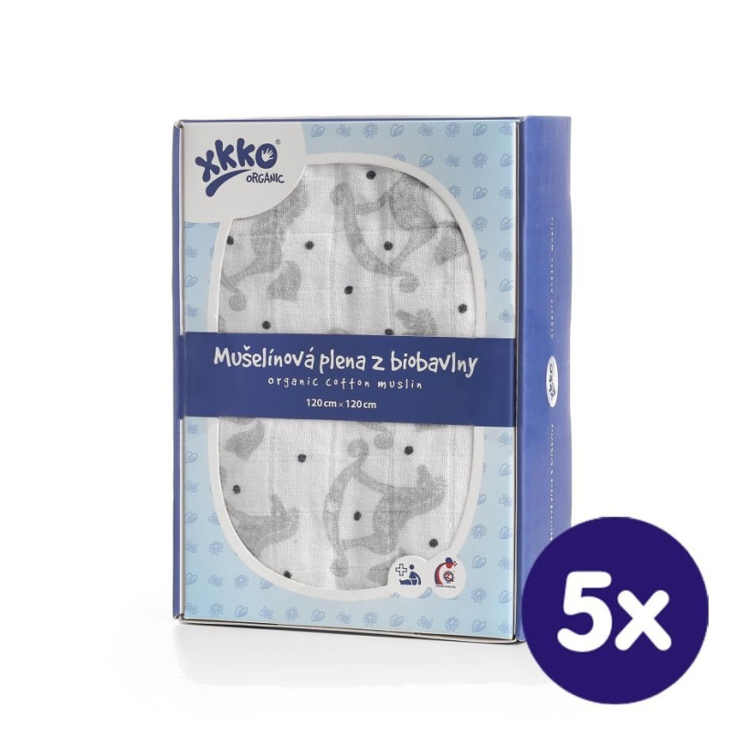 Biobavlněná plena XKKO Organic 120x120 - Rocking Horses Silver 5x1ks (VO bal.)