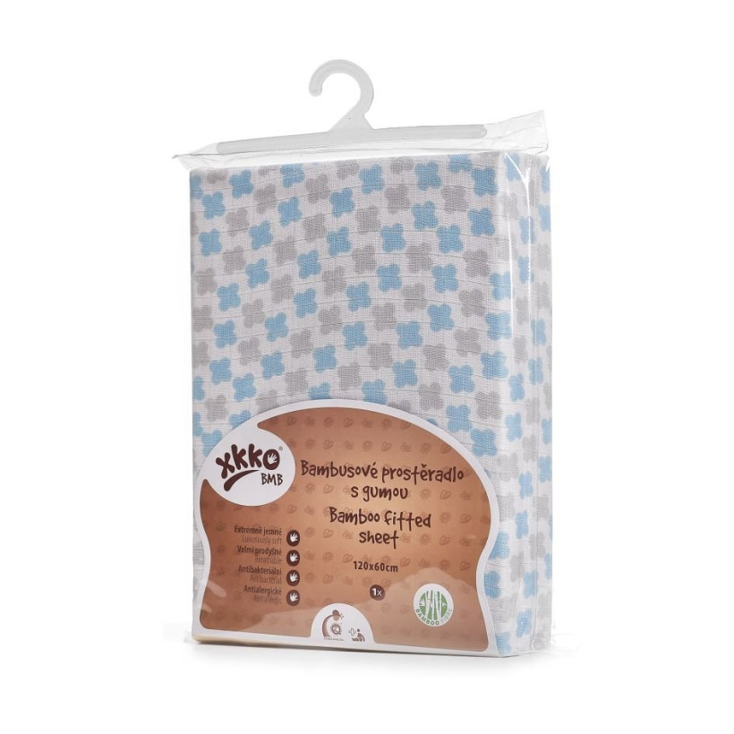 Bambusové prostěradlo s gumou XKKO BMB 120x60 - Baby Blue Cross 5x1ks (VO bal.)