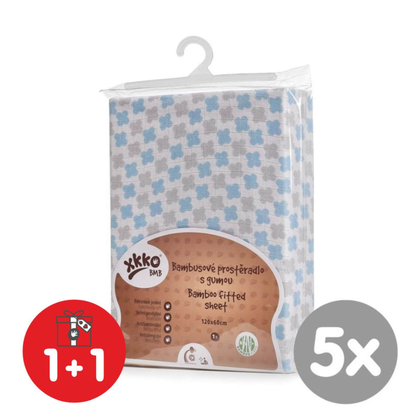 Bambusové prostěradlo s gumou XKKO BMB 120x60 - Baby Blue Cross 5x1ks (VO bal.)