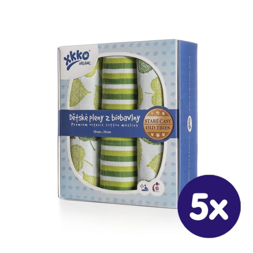 Dětské pleny z biobavlny XKKO Organic 70x70 Staré časy - Lípa 5x3ks (VO bal.)