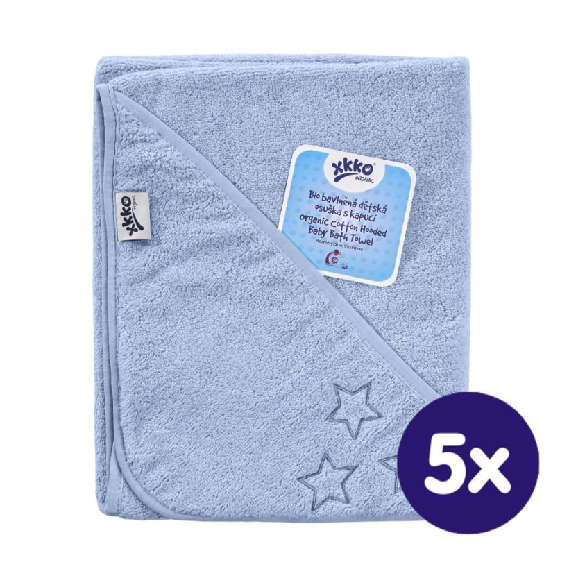 BIO bavlněná froté osuška s kapucí XKKO Organic 90x90 - Baby Blue Stars 5x1ks (VO bal.)