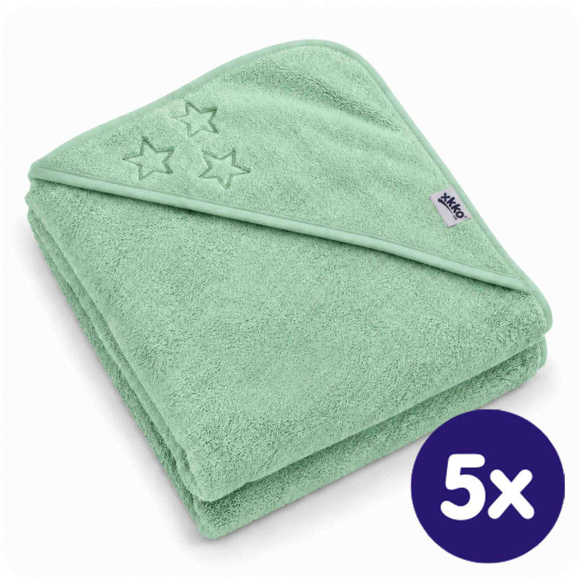 BIO bavlněná froté osuška s kapucí XKKO Organic 90x90 - Mint Stars 5x1ks (VO bal.)