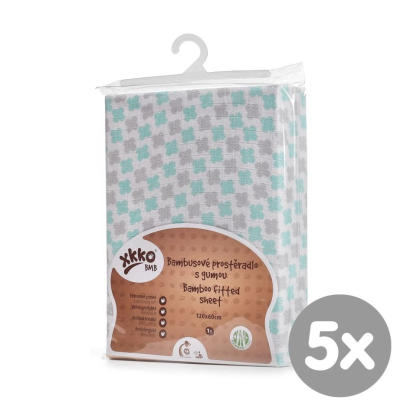 Bambusové prostěradlo s gumou XKKO BMB 120x60 - Mint Cross 5x1ks (VO bal.)